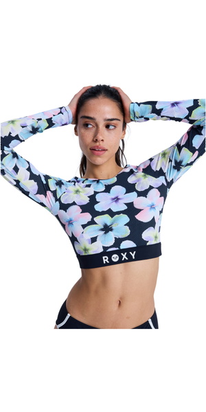 2026 Roxy Womens Roxy Active Long Sleeve Crop Top Rash Vest ERJWR03926 - Anthracite Im Fleur Real